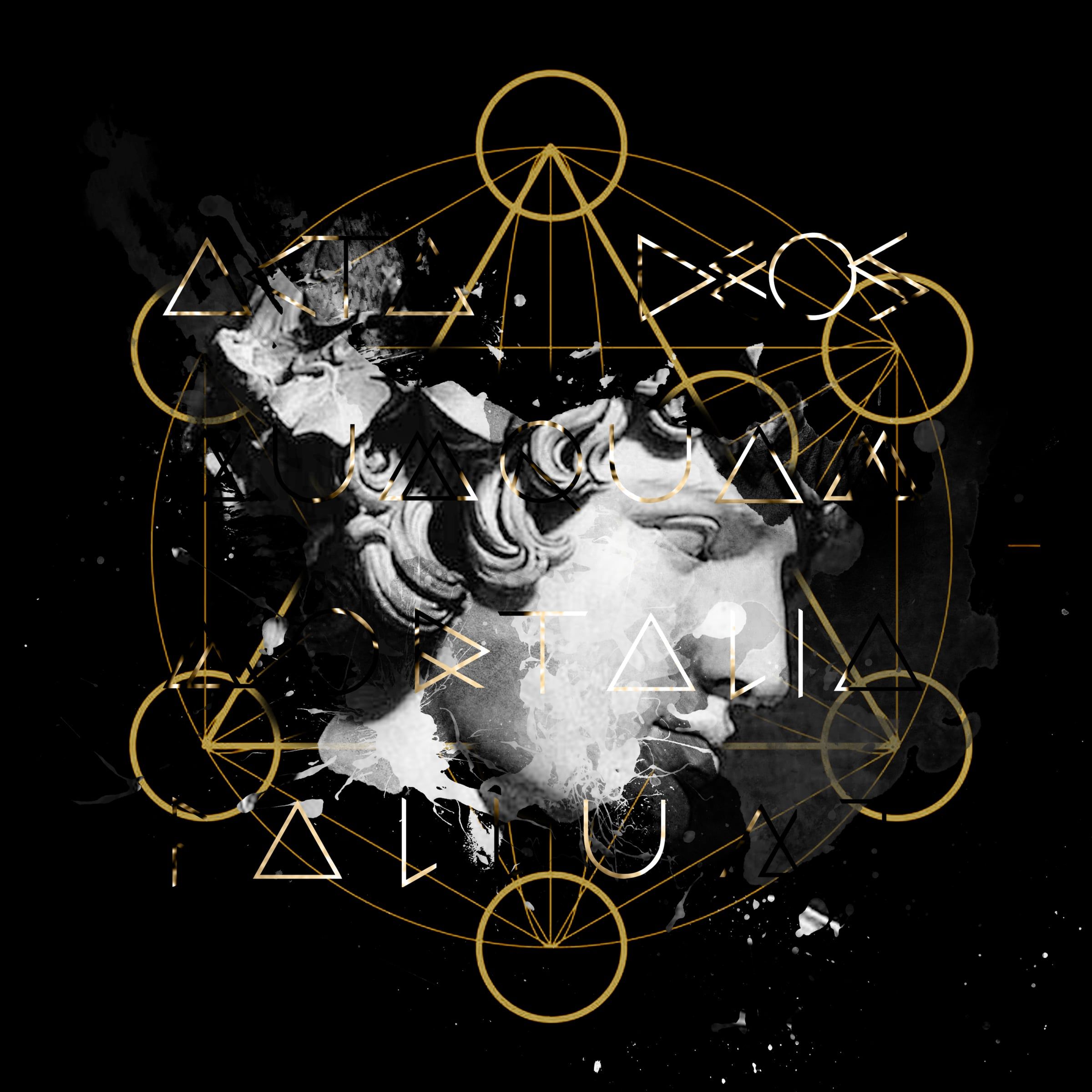 Renaissance Novum series: a classical bust in profile dissolving into white paint inside gold sacred-geometry circles and Latin lettering, on black