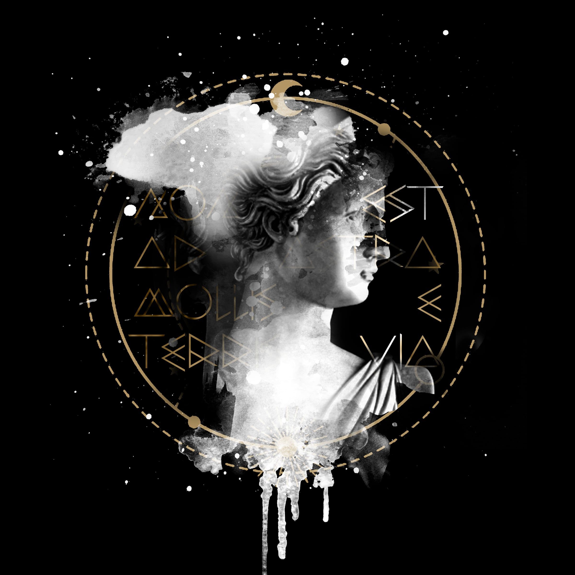 Renaissance Novum series: a classical female bust in profile with a gold crescent moon, ringed by gold lettering and dripping white paint, on black