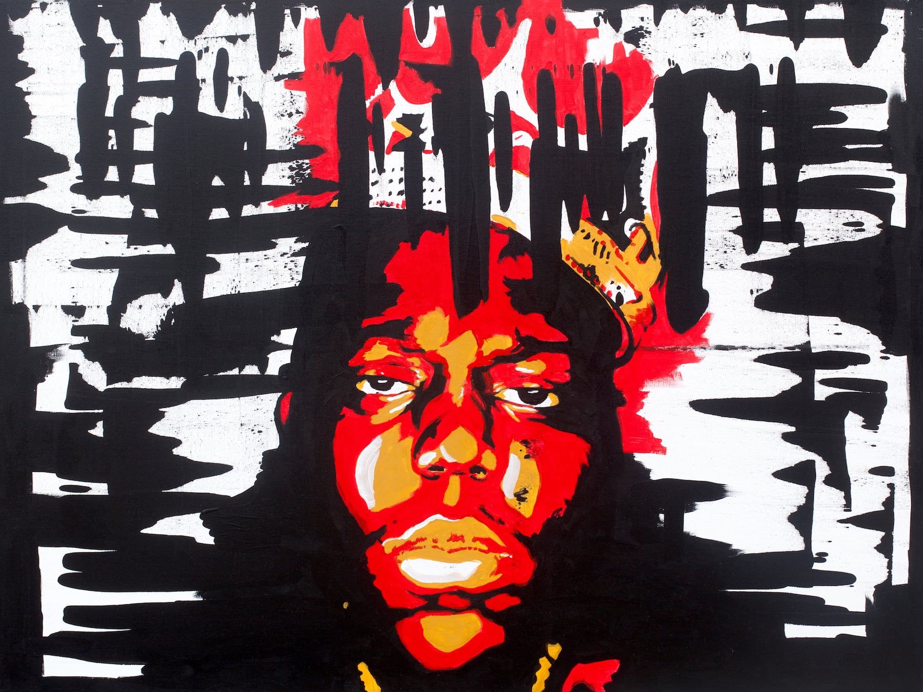 Legends series: Portrait of The Notorious B.I.G. wearing a crown, in red, orange and gold over black and white brushstrokes