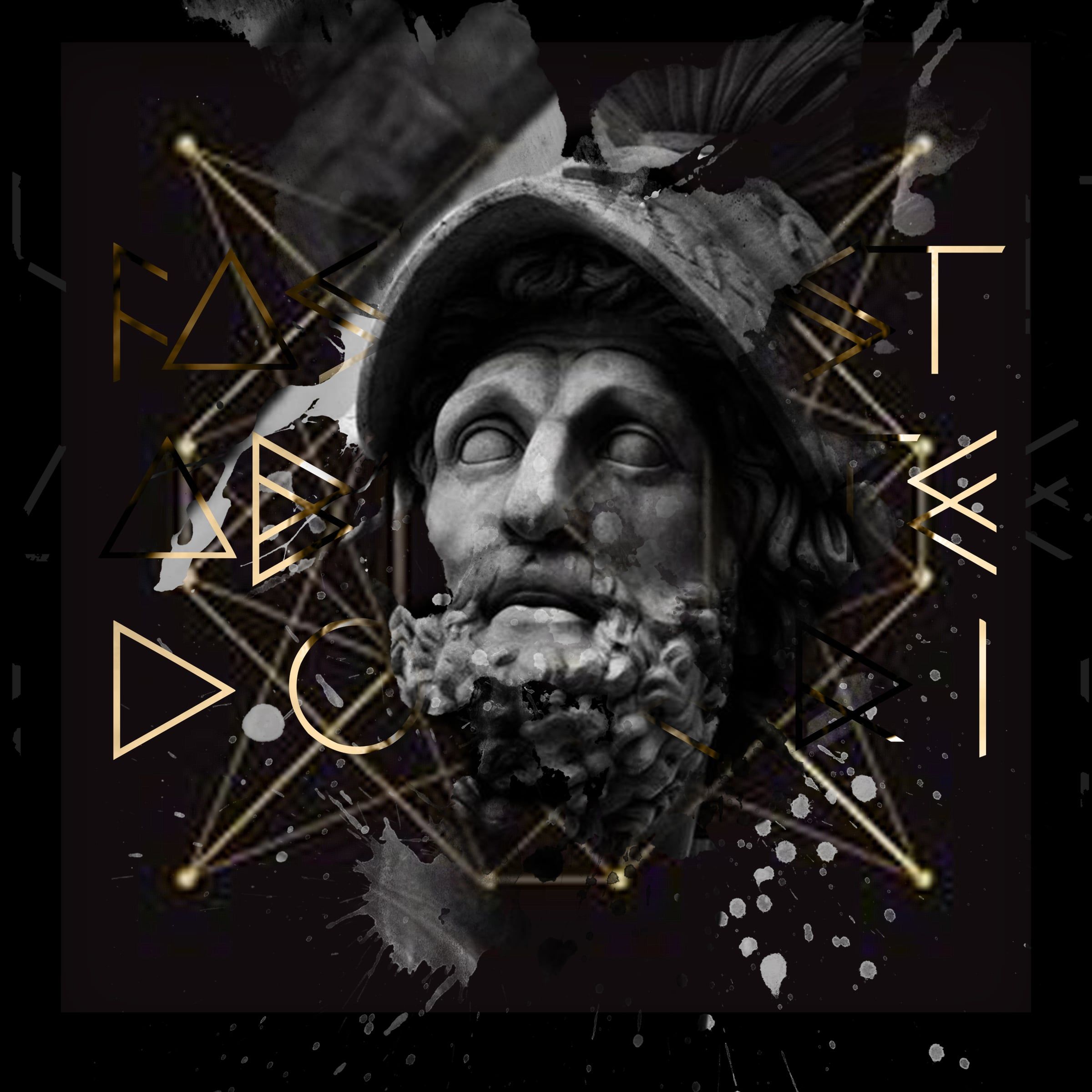 Renaissance Novum series: a bearded classical warrior head in a helmet, overlaid with gold lines and Latin letters, on black