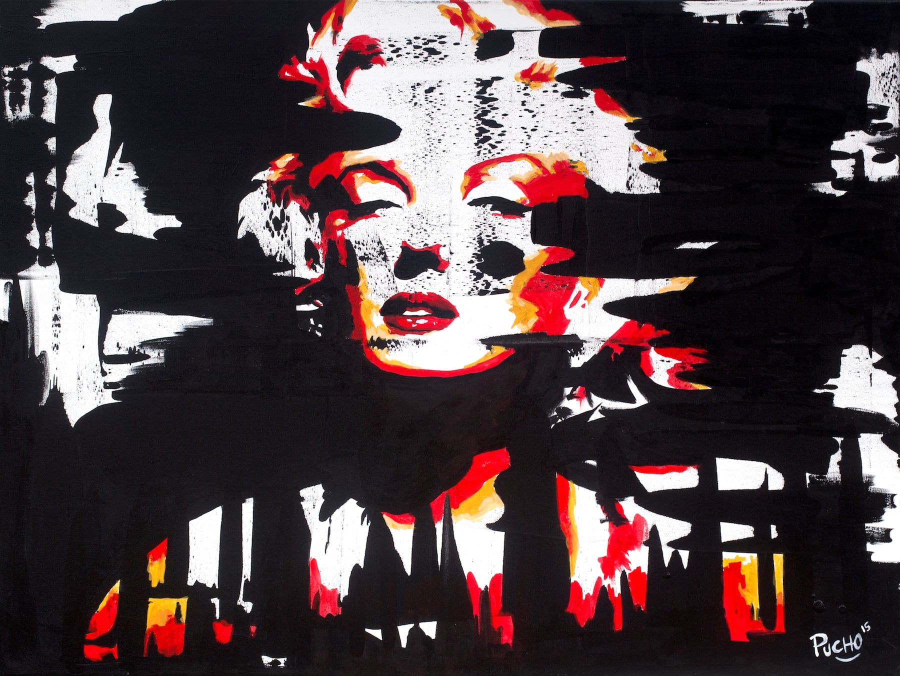 Legends series: Portrait of Marilyn Monroe in red and white over black and white brushstrokes