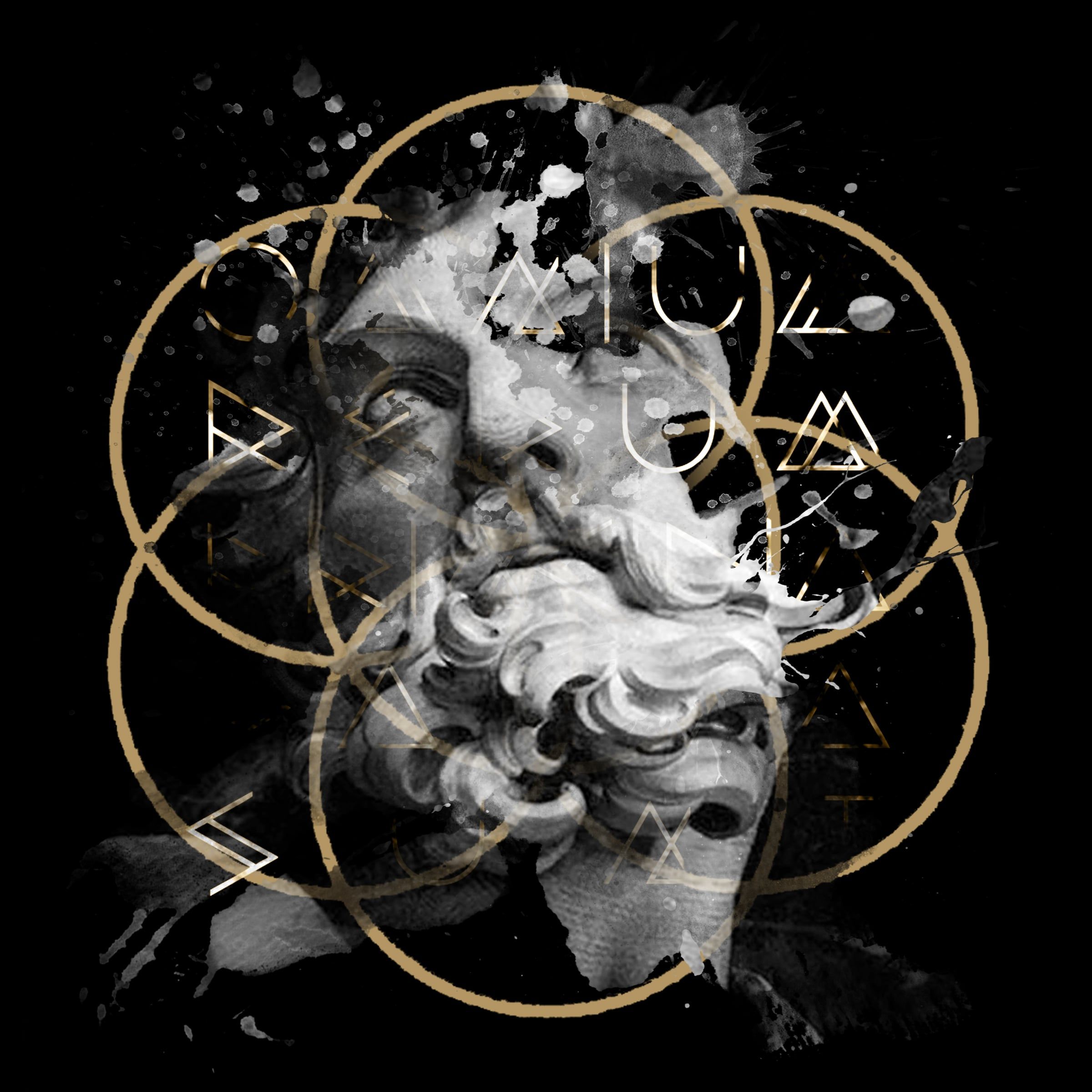 Renaissance Novum series: a bearded classical head emerging from smoke within interlocking gold circles, on black