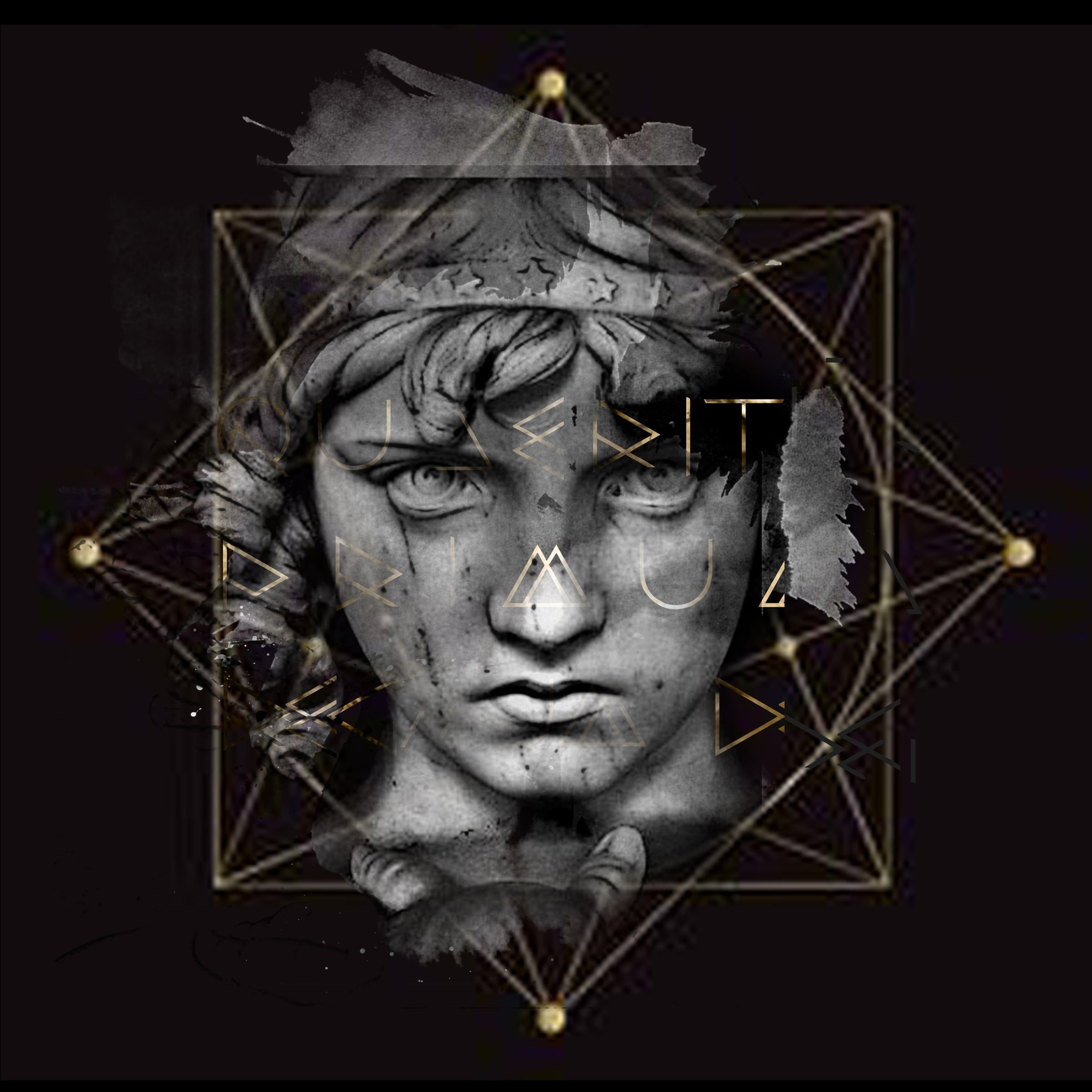 Renaissance Novum series: a young classical face with a furrowed brow framed by a gold geometric star, on black
