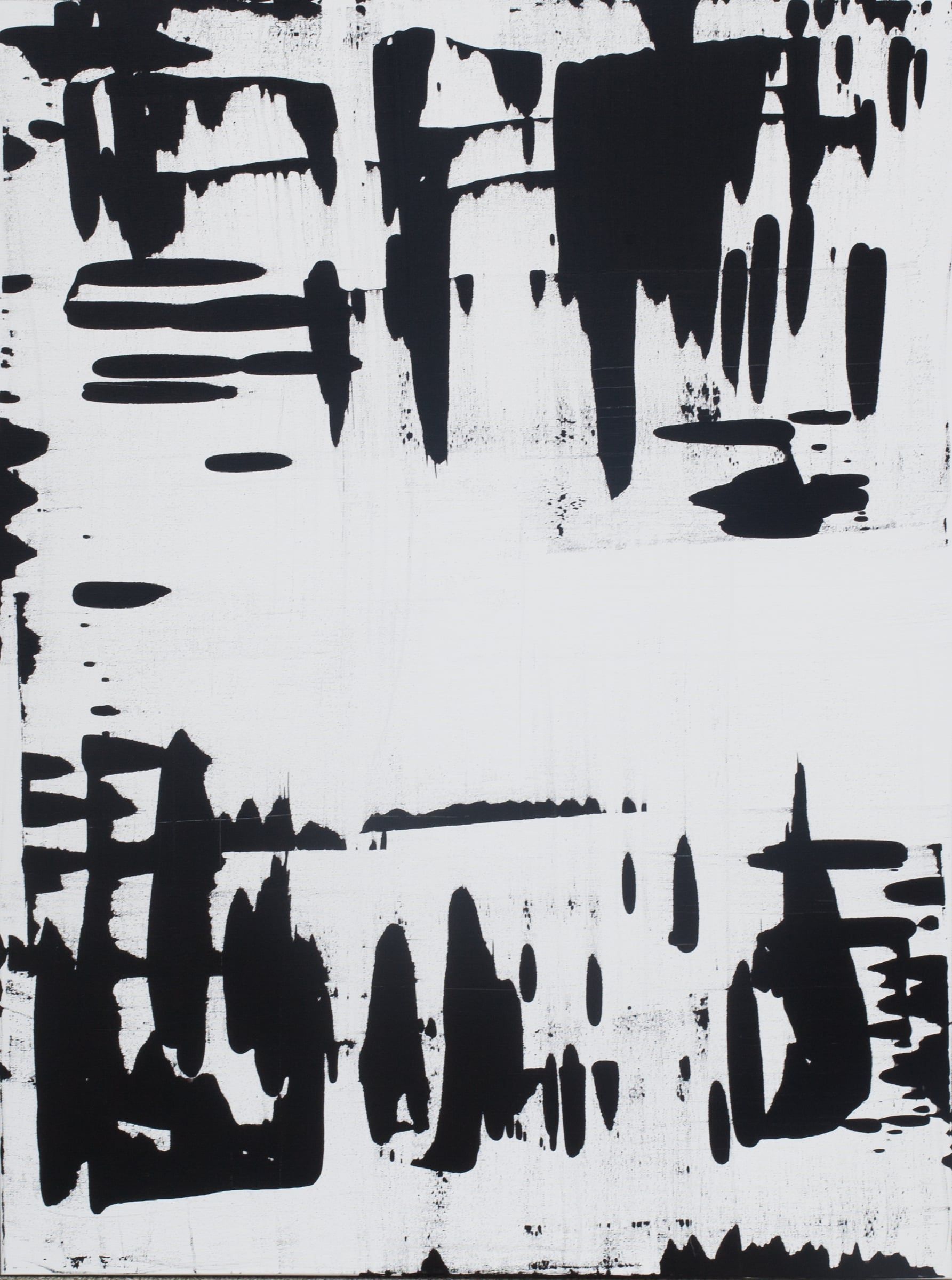 Abstract painting of bold horizontal black brushstrokes on a white canvas