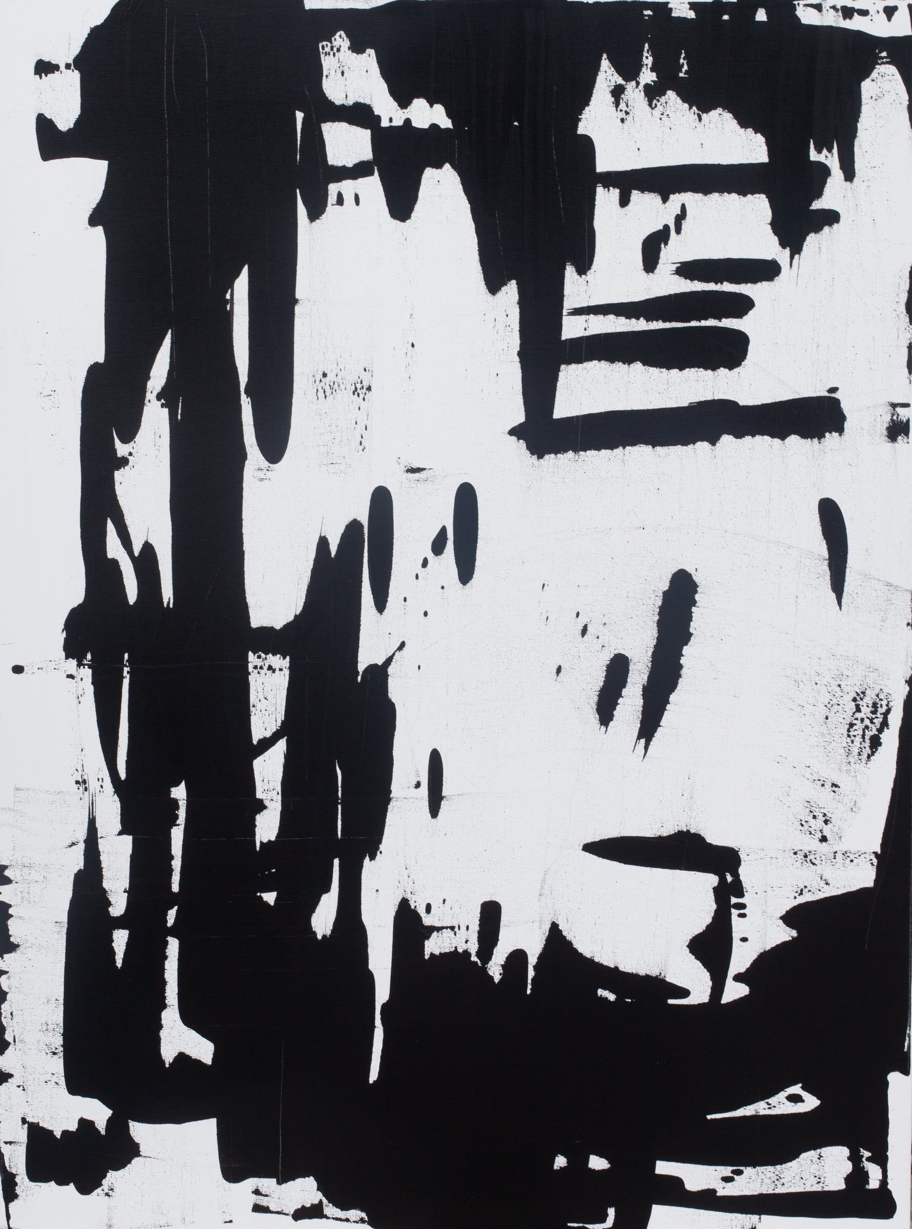 Abstract painting of heavy vertical black brushstrokes on a white canvas