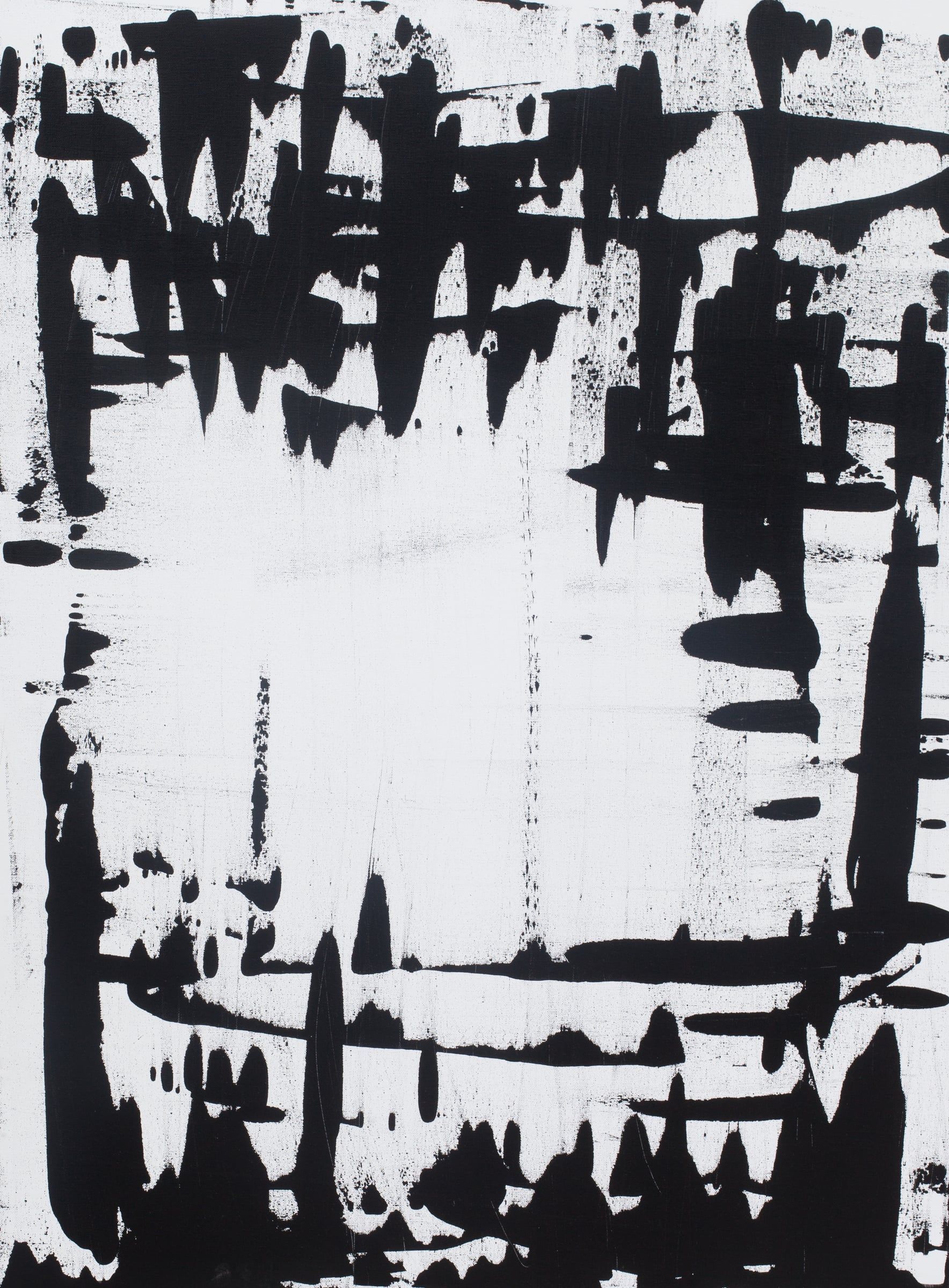 Abstract painting of black dragged brushstrokes framing an open white center