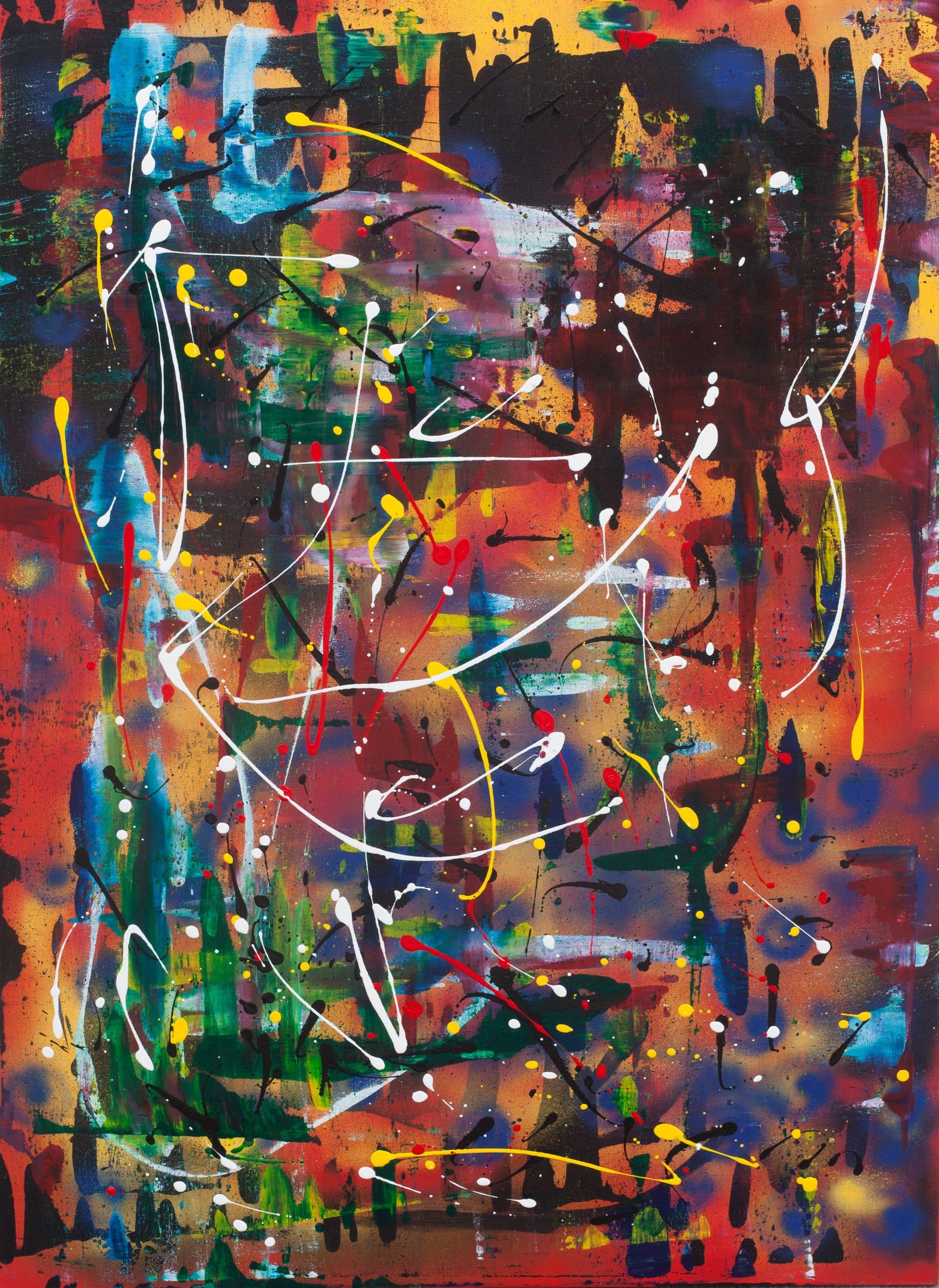 Abstract painting of dense multicolor brushstrokes with white and black drip lines
