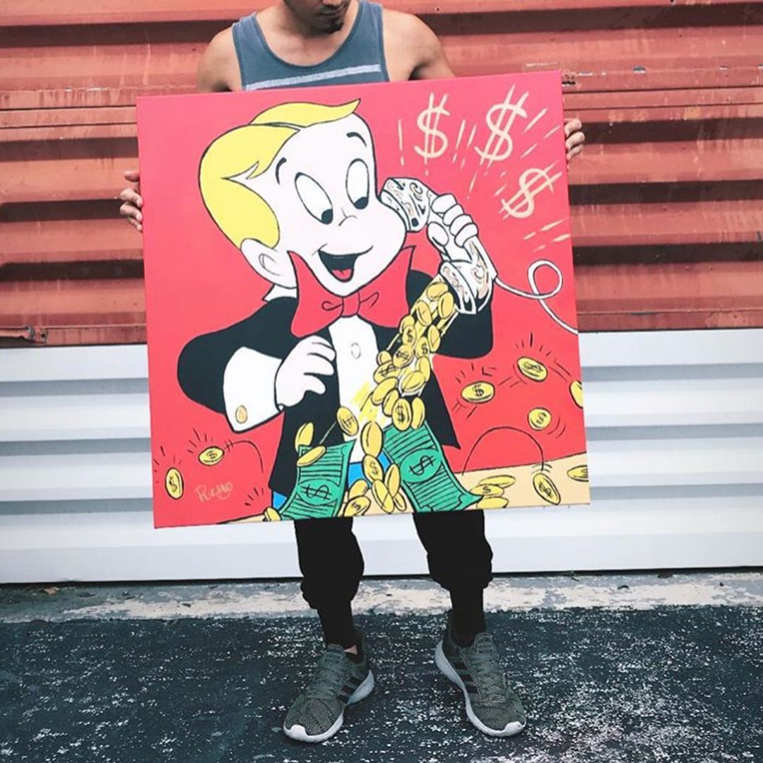 Pop art painting of a cartoon boy in a tuxedo with gold coins and dollar signs on a red background