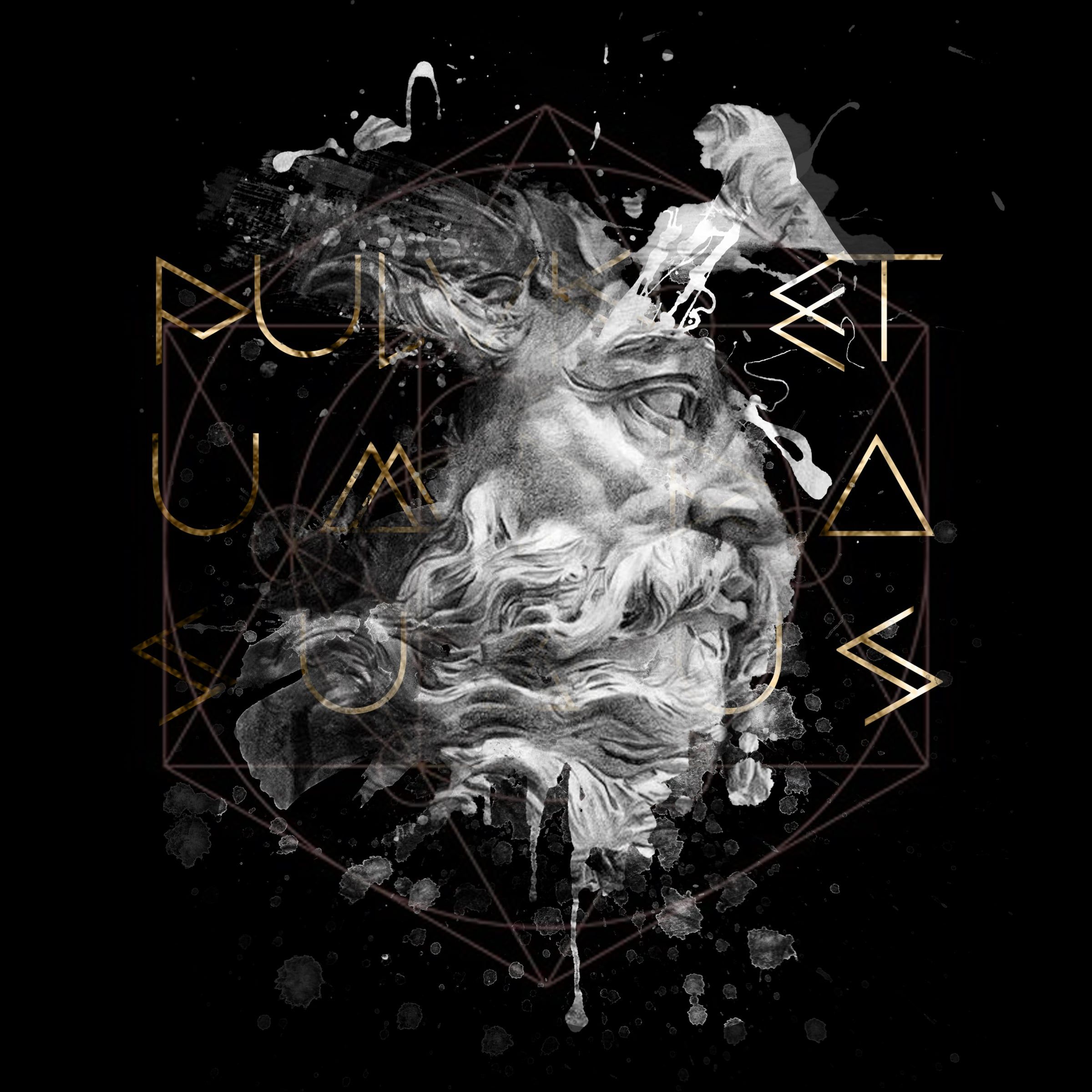 Renaissance Novum series: a bearded classical head breaking apart into white dust with gold Latin lettering, on black