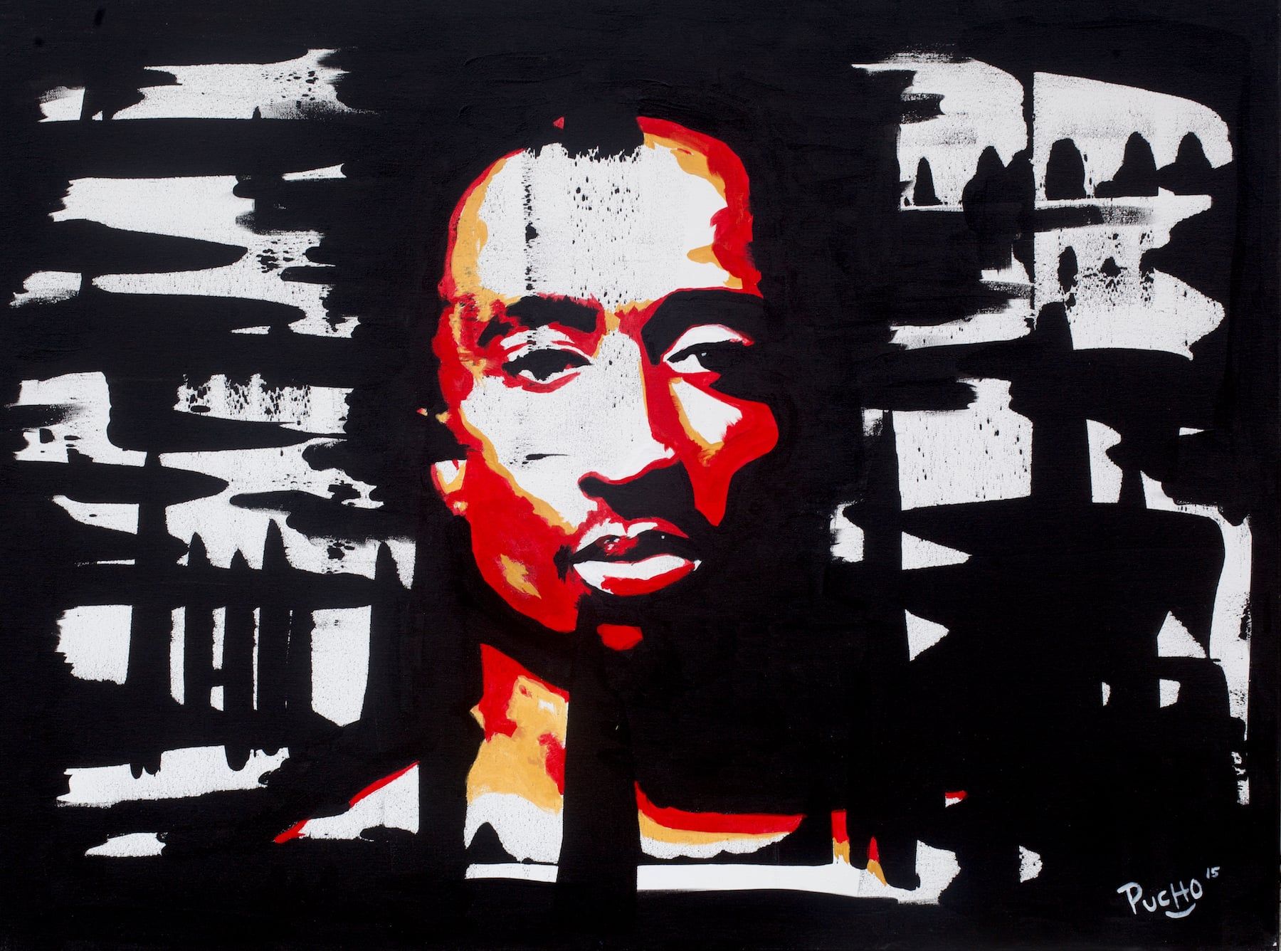 Legends series: Portrait of Tupac Shakur in red, cream and black over black and white brushstrokes