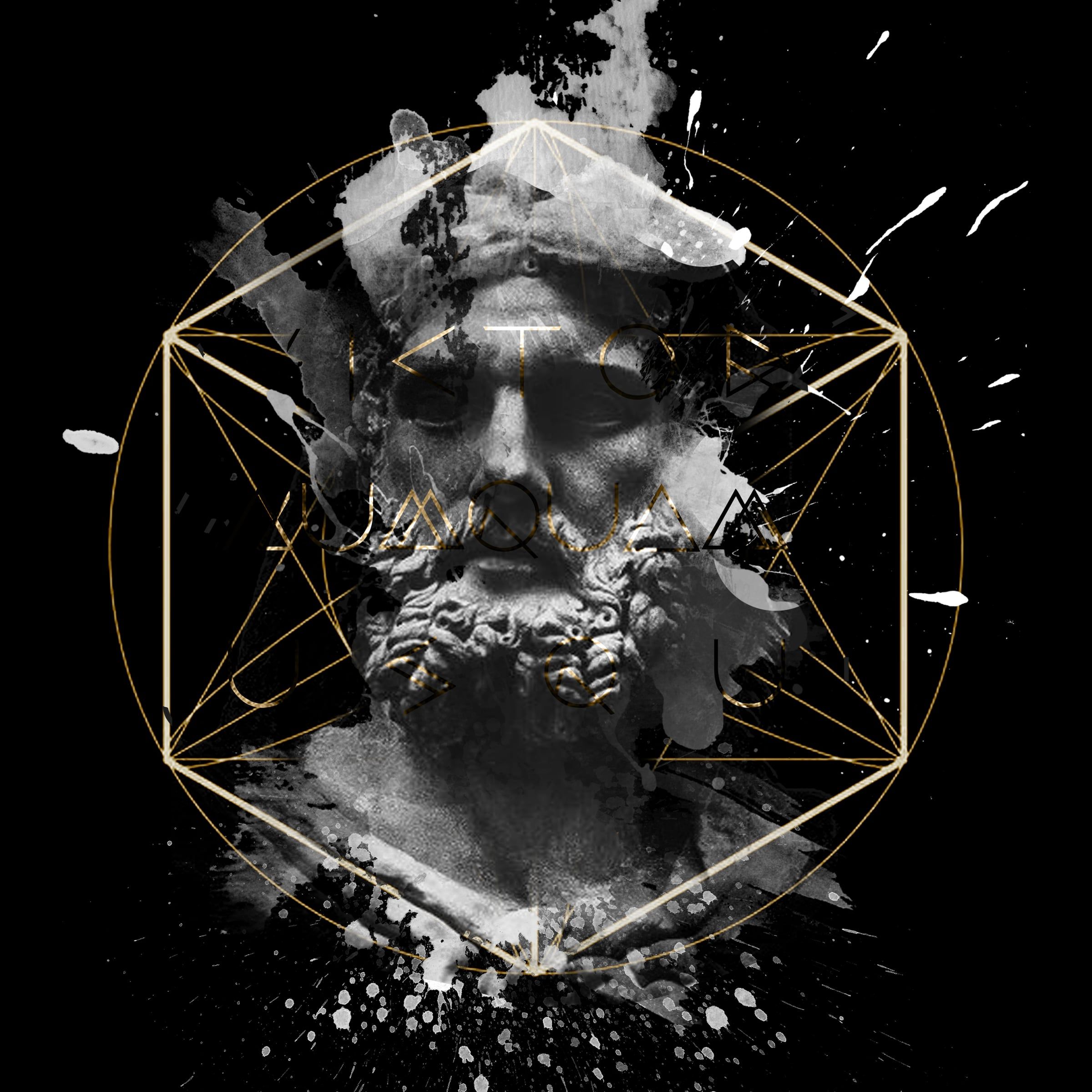 Renaissance Novum series: a bearded classical head inside a gold hexagon, with splashes of white paint, on black